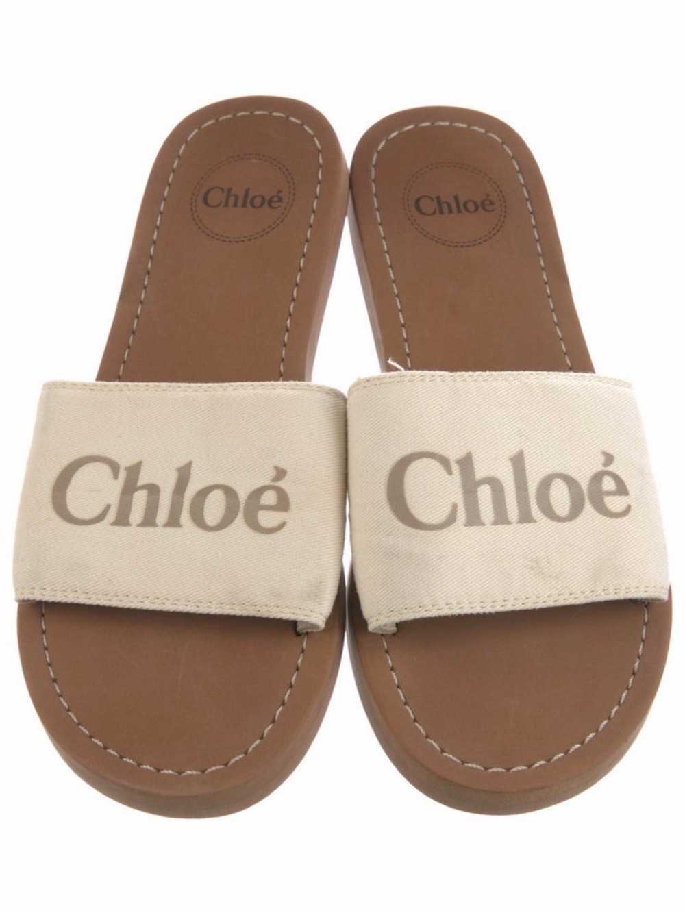 Chloé Canvas Logo Slide Sandals in Beige and Brown